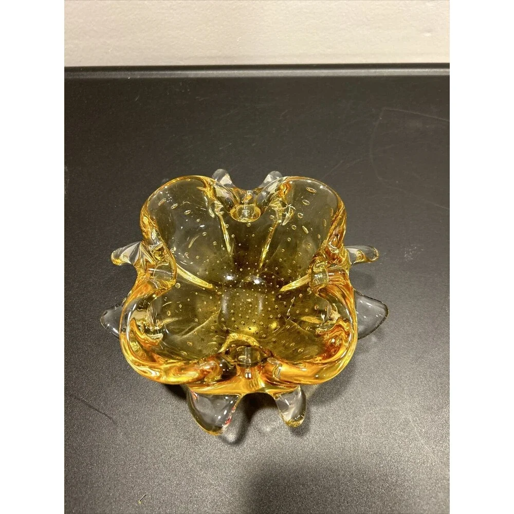 Murano Yellow Bullicante Controlled Bubble Art Glass Bowl Trinket Dish Bowl Big